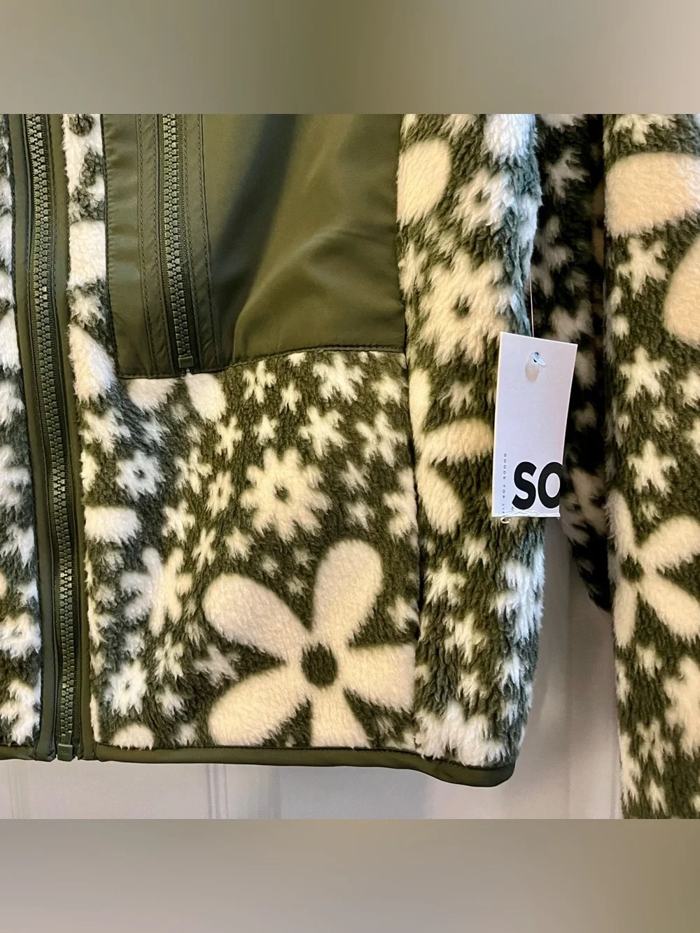 SO Full Zip Teddy Fleece Jacket - Green Floral- Juniors XS - NEW With Tag